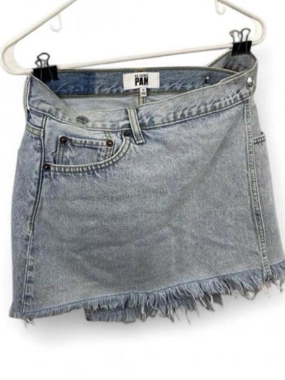 Re/Done x Pamela Anderson Light Blue Denim Mini Wrap Skirt with Frayed Hem